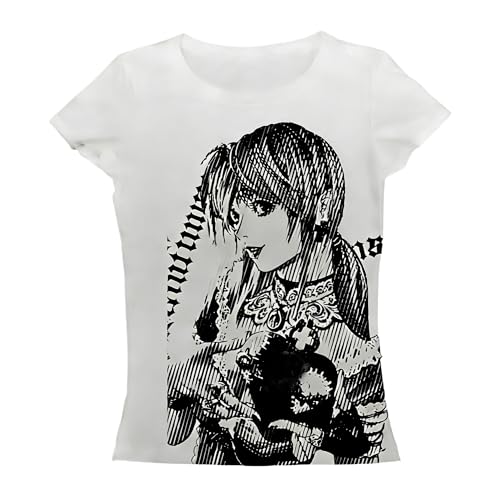 Graphic Tees Y2k Baby Tee Teens 2000s Vintage T Shirts Emo Grunge Printed Summer Crop Tops 2024 (White,M,Medium)