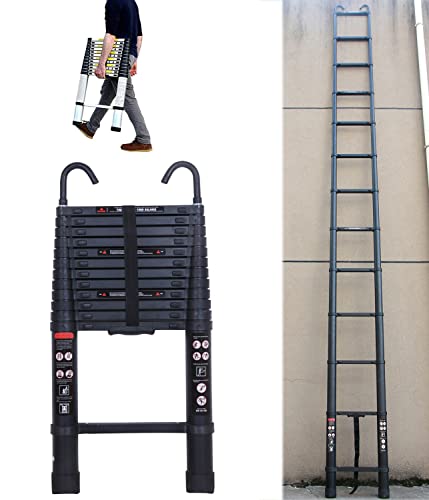 Rigogo Escalera telescópica de 6,2 m, con 2 ganchos, 15 peldaños, de aluminio, extensible, portátil, extensible, antideslizante, 150 kg, capacidad de carga, EN131, color negro