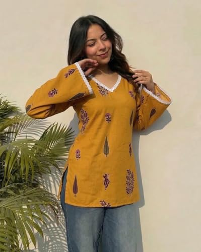 Image of ANNI Designer Women's Viscose Blend Printed Short Kurti | Ethnic Printed Tunic Top | V Neck Lace Detail | Full Sleeve Hip Length Kurta Top for Women