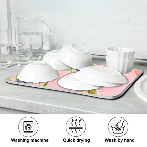 Orezi Absorbent Dish Drying Mat For Kitchen Counter With Hanging Loop,Cute Birds Pink Roses Butterfly On Roses Drying Mat For Countertops Sinks Refrigerator Dishwashing Area,18 X 24 Inches #TOP6
