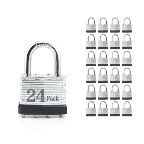 Image of ZonRo Locks Laminated Steel Keyed Padlocks,Keyed Alike Locks, 1-9 /16 inch Wide,Normal Shackle Padlocks, Pack of 24,Black Hoop, for Hasp Latch, Sheds, Fences, Storage Locker, School, Gym