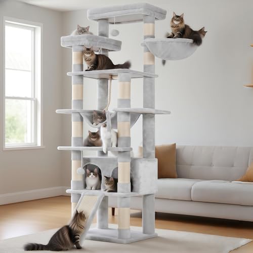 Image of Heybly Tall Cat Tree 78-inch Multi-Level Cat Tower for Indoor Cats HCT033W | Cat Condo with 2 Widened Plush Perches, Multi-Level Cat Furniture with Scratching Board, Big Caves, Light Gray