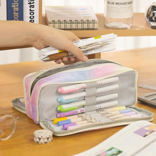 Image of OSDUE (Rainbow Pink Large Pencil Case 3 Compartments Pencil Pouch Big Capacity Pencil Bag Oxford Stationery Storage Pen Bag Cosmetic Makeup Pouch for Women