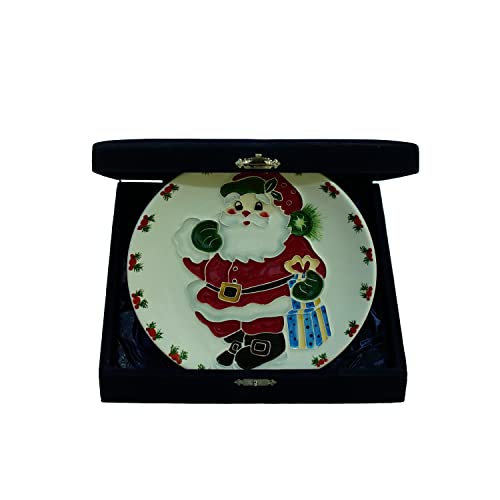 Anka Handcrafts - Christmas Home Decors – Santa with Gifts - Handmade & Handpainted Ceramic Plates with Unique Embossed Surface – w Navy Int. Velvet Case – Christmas for Homes 782