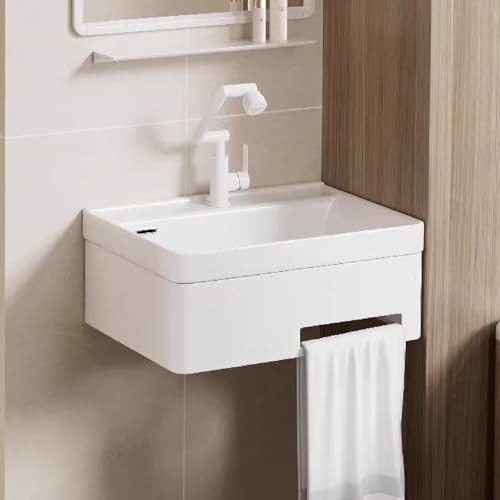 Fregadero rectangular de pared para baño, pequeño lavabo, con grifo giratorio, de porcelana, cerámica, con soporte para toallas, encimera (blanco, 55 x 44 x 24 cm)