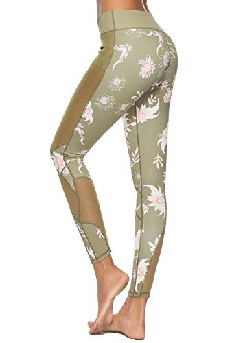 Mint Lilac Women's High Waist Floral Printed Pocket Yoga Leggings Athletic Tummy Control Casual Pants With Mesh Panels Green Small #TOP5
