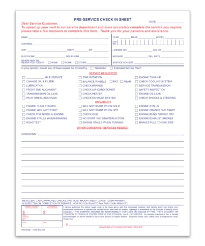 Pre-Service Check-In Form Pads RO-100-8.5" x 11" Auto Service Intake Forms, Customer Vehicle Check In Sheets, Dealership Service Advisor Forms, 1-Part Tear-Off Pads, 20# Paper - 8 Pads (400 Sheets)