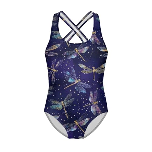 JUDENTIDOS Blue Dragonfly Print Girls 1 Piece Swimsuits Bathing Suits for Kids Cross Back Swimwear Beach Summer Swim Suits for 5-14 Years