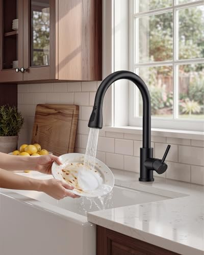 FORIOUS Wasserhahn Küche, Küchenarmatur mit Herausziehbarer Brause Ausziehbar Armatur, Mischbatterie Spültischarmatur, 360° Schwenkbar, Mehrere Strahlarten, Matt Schwarz, Niederdruck