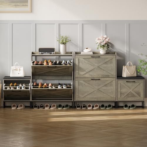 Maupvit Shoe Cabinet with Bench with 3 Flip Drawers, Farmhouse Shoe Organizer with Comfort Cushion, Entryway Bench with Storage for Foyer, Hallway, Living Room, Grey