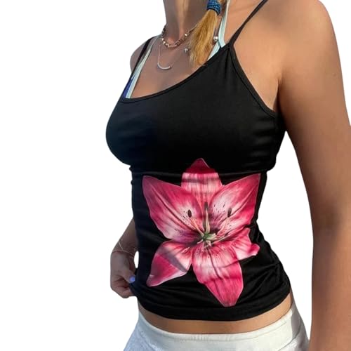 Yassiglia Damen Y2k Floral Druck Tank Top Casual Spaghetti Top Sommer Slim Fit Crop Top Elegant Trägertop Ärmelloses T-Shirt Streetwear Aesthetic Clothes (Schwarz Rot, S)