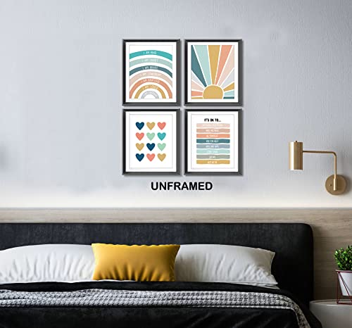 I Am Kind Smart Brave Positive Affirmations Mental Health Poster Prints For Teens Room Playroom Nursery Classroom Decor,Boho Rainbow Sunshine Decorations Prints Wall Art Unframed 4Pcs 8X10 Inches (8Wx10L) #TOP1