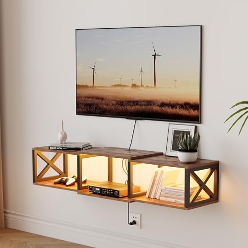 NinPeen Floating TV Stand with Power Outlets,Wall-Mounted Entertainment Console with led Light，Floating TV Shelf for Under TV Storage (Rustic Brown, 46' W)