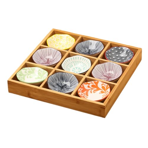 Vifxucy 小皿セット 和風 前菜皿 深型 盛り鉢 9点セット 陶器付き 仕切り竹トレイ付き醤油皿 小鉢 和食器 天然木 セラミック 火鍋 焼肉 寿司 食洗機対応 調理器具 (B)