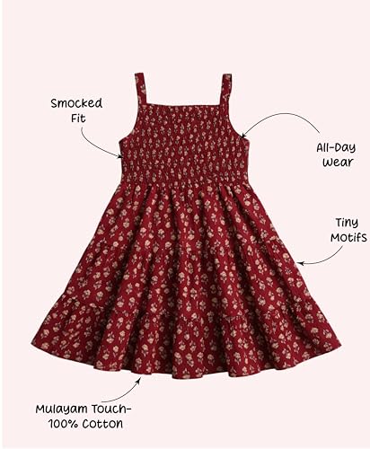 Image of The Magic Wand Kids Girls Printed Casual Dresses, Knee Length Singlet Strap Fit & Flared Cotton Once Piece Stylish Frocks for Summer Season