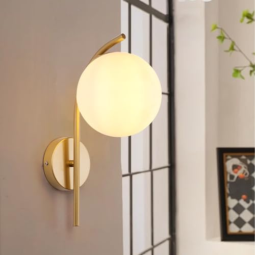 Image of Wall Sconces Plug in Set of 2, Hanging Wall Lamp with Plug in Cord, Metal Wall Lamp White Glass Globe Indoor Wall Decor Light for Bedroom, Farmhouse, Hallway, Living Room, Kitchen, Gold