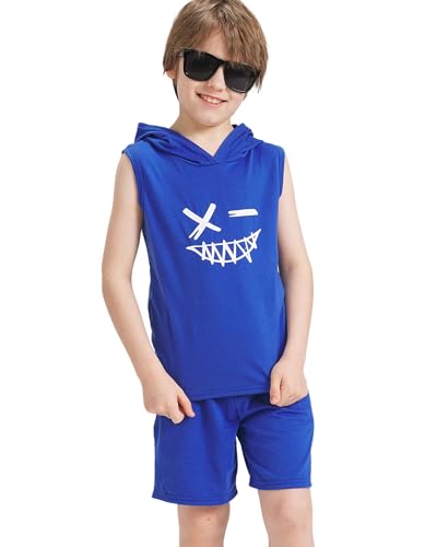 Image of Kids Boys Summer 2PCS Outfits Sleeveless Hooded Loose Casual Top Shirt and Elastic High Waist Sports Short Pant Set