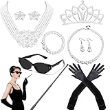 9pcs Hepburn Style Costume 1920s Accessories 20s Holly Golightly Pearl Necklace Earrings Gloves Vintage Sunglasses for Women Breakfast at T's Jewelry Set Halloween Wedding Flapper Party Cosplay