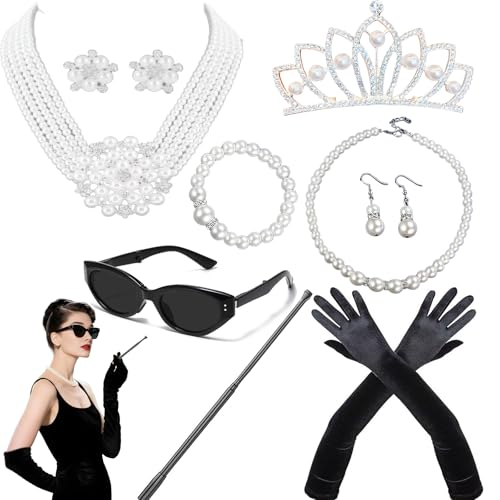 9pcs Hepburn Style Costume 1920s Accessories 20s Holly Golightly Pearl Necklace Earrings Gloves Vintage Sunglasses for Women Breakfast at Ts Jewelry Set Halloween Wedding Flapper Party Cosplay