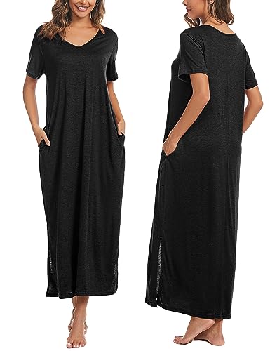 Marvmys Women Short Sleeve Nightgown Cotton Long Nightshirts with Pocket2