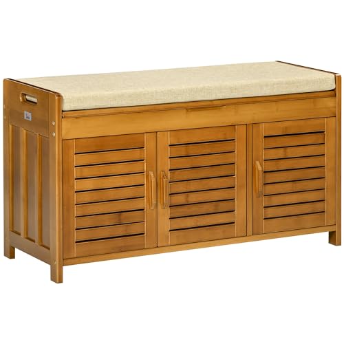 Siutco Shoe Bench with Storage Cabinets, Bamboo Entryway Bench with Seating Cushion, 3 Doors and Hidden Compartment for Hallway, Brown