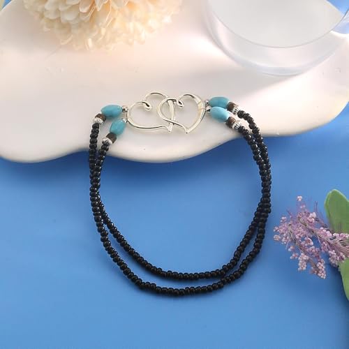 Image of Elastic Beaded Ankle Bracelets for Women Double Heart Layered Stretch Ankle Bracelets Waterproof Dainty Boho Beaded Anklets for Summer Beach Foot Jewelry