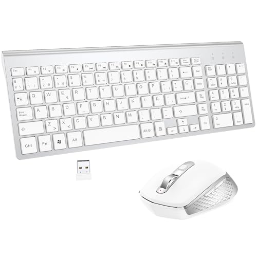 Teclado y Ratón Inalámbrico - USB QWERTY Español Ergonómico Portátil Teclado Inalámbrico Ratón Silencioso para PC/Laptops/Smart TV - Blanco