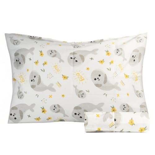 Salt Earth 100% Cotton 210TC Kids Bedsheet, Twin Fitted Sheet, Toddler Bed, 2 Piece Bedding Set- 1 Fitted Sheet and 1 Pillowcase, Themed Toddler Bed Sheets, Cute Sheets for Kids Bed (Seal)