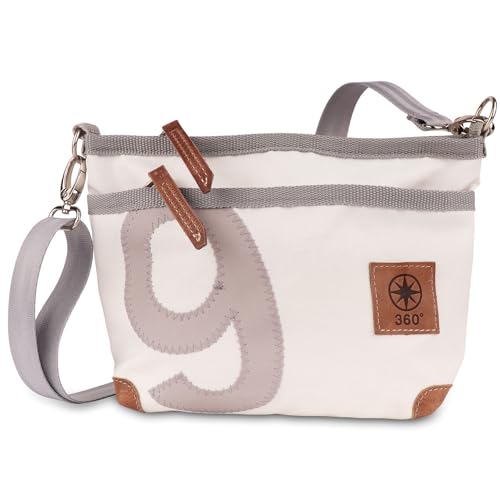 360° Grad Deern Lütt Crossover Damen-Umhänge-Tasche aus Segeltuch, weiß, Zahl Grau, Gurt grau mit Karabinern, maritim, wetterfest