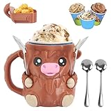 FASBET 2025 New Highland Cow Ice Cream Pint Holder with Handle and Spoon, Cute Highland Cow Pint Ice Cream Holder, 3D Printed Containers Cute Animal Cooler Cup Birthday Gifts Office Desk Decor