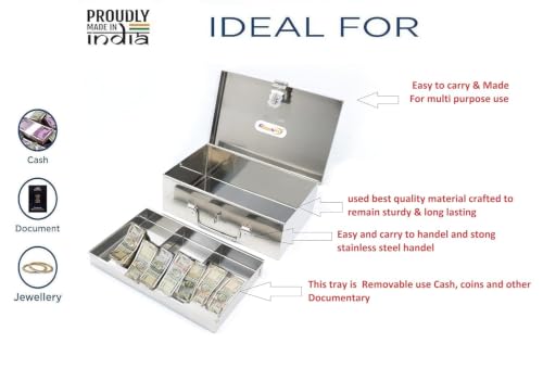 Image of Stainless Steel Cash Box with Removable Tray, 4 Compartments, Secure Key Lock, Portable Money Storage Organizer for Home, Office, Shop Counter & Cash Handling