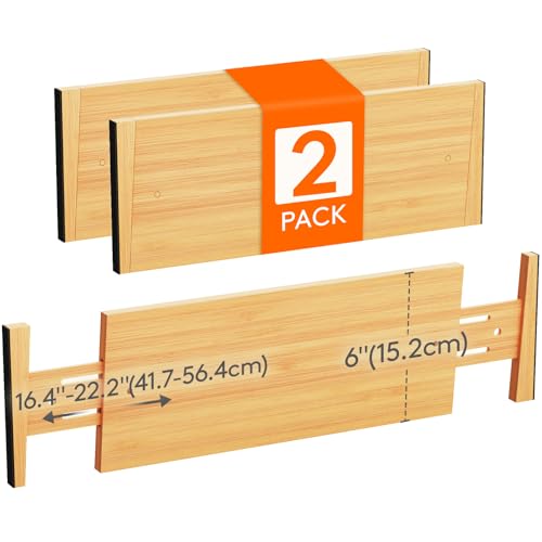 Lifewit Juego de 2 separadores de cajones de bambú natural, ajustables para longitud interior 40-56 cm y altura  15 cm, organizador para cocina, escritorio, armario, cuarto de baño
