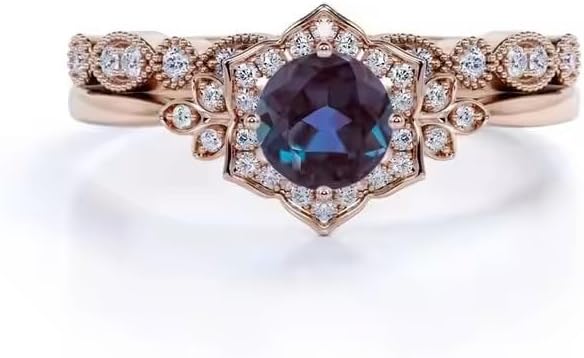 Round Shape Alexandrite With Moissanite Wedding Ring Set Art Deco 2 Piece Color Changing Engagement Ring Set for Women Bridal Promise Ring Set For Women Handmade Ring