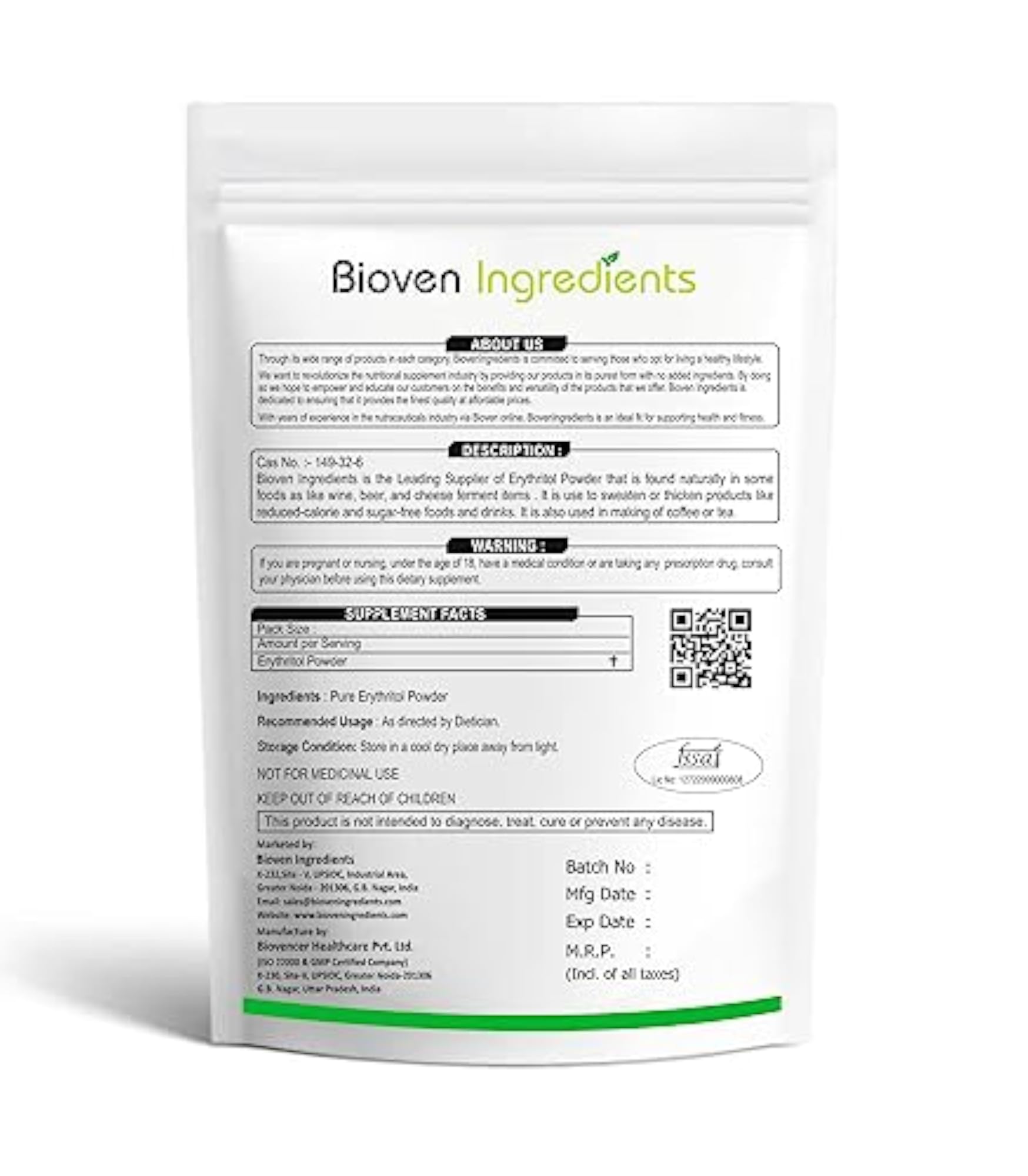 Bioven Ingredients Erythiritol Powder, 125 Grams