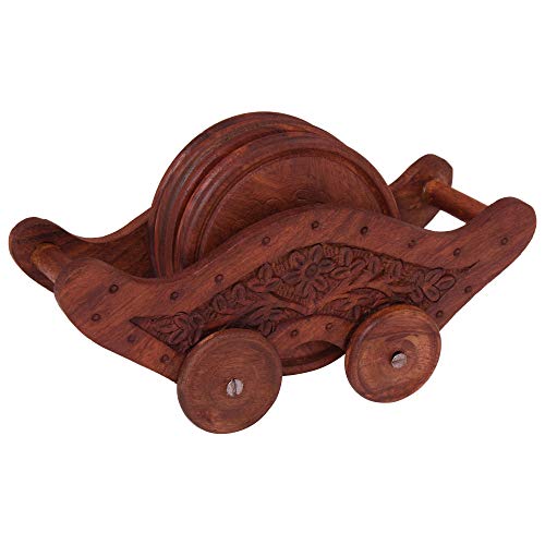 diollo Handmade Wood 6 Round Coasters and Wooden Holder Table Top Décor Accessories