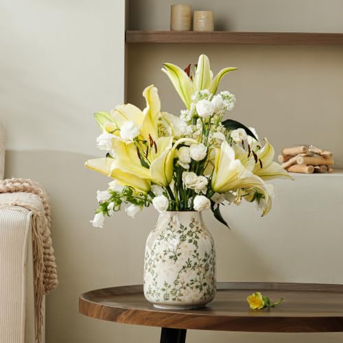 Image of Ceramic Flower Vase | Green Rustic Farmhouse Vase for Home Decor, Vintage Floral Tuscan Decorative Pottery Vase for Living Room & Kitchen, Centerpieces, Mantel & Bookshelf, Entryway, Wedding(7.8 Inch)