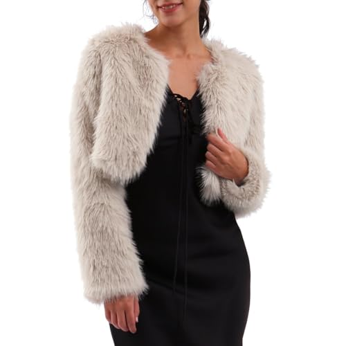 Amazhiyu Women's Faux Fur Cropped Open Front Coat Long Sleeve Winter Jacket Apricot, X-Large