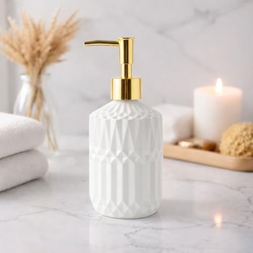 Image of Luxe Home International Geometric Texture Pattern Glass Soap Dispenser for Bathroom and Kitchen Sink Leak Proof Liquid Hand Wash Round Bottle Lightweight Smooth Finish (19x7.5 cm White) Pack of 1