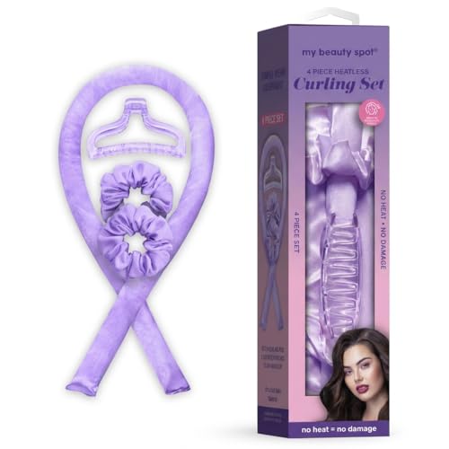 My Beauty Spot 4-Piece Ultra-Soft Satin Heatless Curling Set - Overnight No Heat Hair Curler Rod for Medium to Long Hair - Includes 2 Scrunchies & Clip