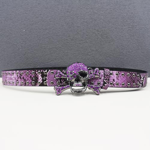 Bling Western Studded Belt for Women Men,Shining Skull Head Cross Rhinestone Buckle Crocodile Pattern Waist Strap(125cm/waist:43", Purple)4