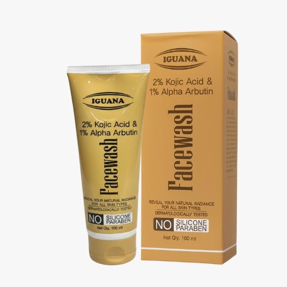 Iguana 2% Kojic Acid Face Wash with 1% Alpha Arbutin | Skin Brightening Facial Cleanser for Dark Spots & Pigmentation | Uneven Skin Tone Care | Paraben-Free Gentle Formula | 100ml (3.38 fl oz)