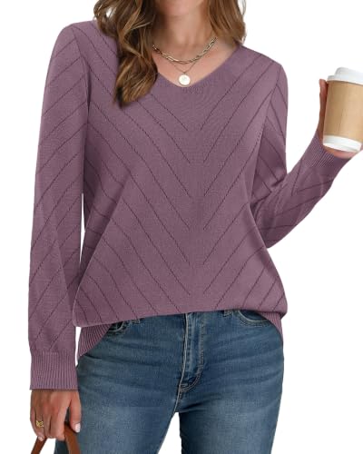 Image of WIHOLL Sweaters for Women V Neck Casual Knit Long Sleeve Tops Lightweight Pullover Clothes Fall Fashion Outfits 2026