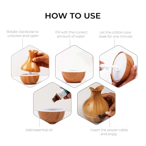 Image of Aroma Diffuser Humidifier with LED Light Ring, Wood Grain Design, USB Powered Mist Diffuser for Essential Oil and Water (Light Brown Vase)