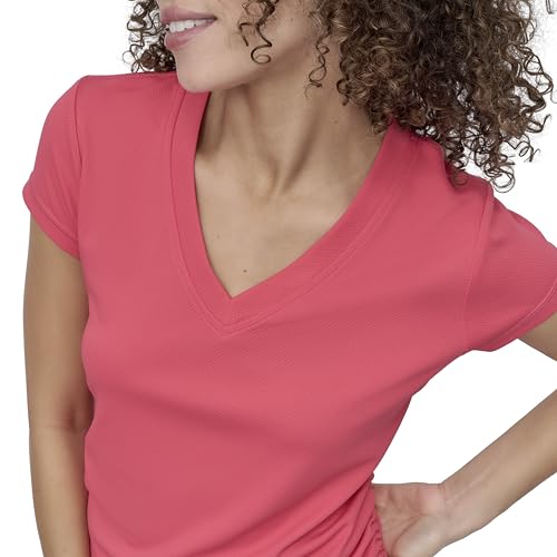 Image of DKNY Women's Short Sleeve V-Neck Tech Ruched Side Seam Active T-Shirt