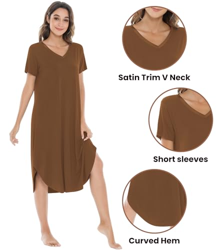 Image of NACHILA Nightgowns for Women-Viscose Made from Bamboo, V Neck Sleepshirts Short Sleeve Sleepwear Cool Nightshirt