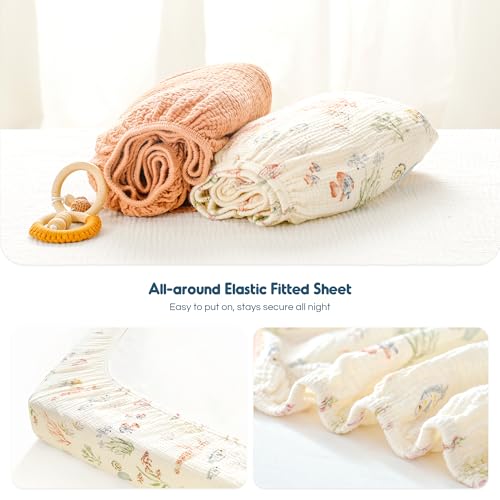Image of GRSSDER 100% Cotton Muslin Crib Sheet 2 Pack - Breathable & Ultra-Soft Fitted Crib Sheets for Standard Baby & Toddler Mattresses, 52 inchx28 inch with 9 inch Deep Pocket, Snug Fit All-Around Elastic