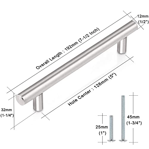Image of Probrico 20 Pack| 5 Inch Hole Centers Kitchen Cabinet Pulls Brushed Nickel Euro Style T Bar Handles Cupboard Stainless Steel Modern Cabinet Hardware