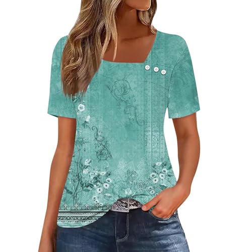 Camisetas de mujer Vintage Floral Art Print Tops de manga corta con botones elegantes Blusas asimétricas de cuello cuadrado Blusas Verano Casual Suelto Camisetas Comprar de nuevo Pedidos anteriores