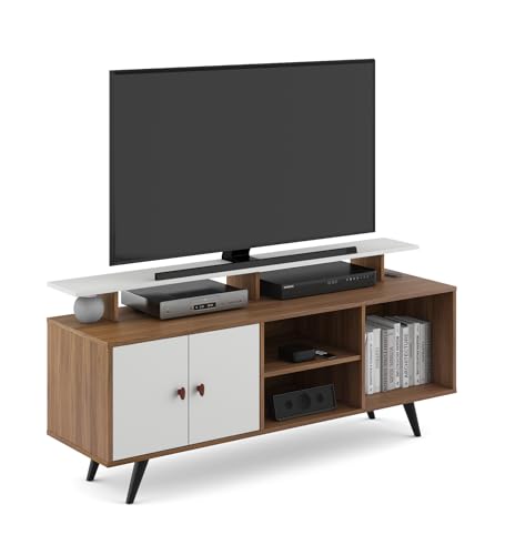 Image of A GLOBIA Creations Fynix TV Unit | Engineered Wood | TV Stand with Storage Cabinets & Open Shelves | Exotic Teak & Frosty White Finish | Knock Down | 36 Months Warranty