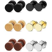 FIBO STEEL 6 Pairs Stud Earrings for Men Women - Flat Back Ear Piercing Ear Plugs Tunnel Fake Gauge Earrings 18G